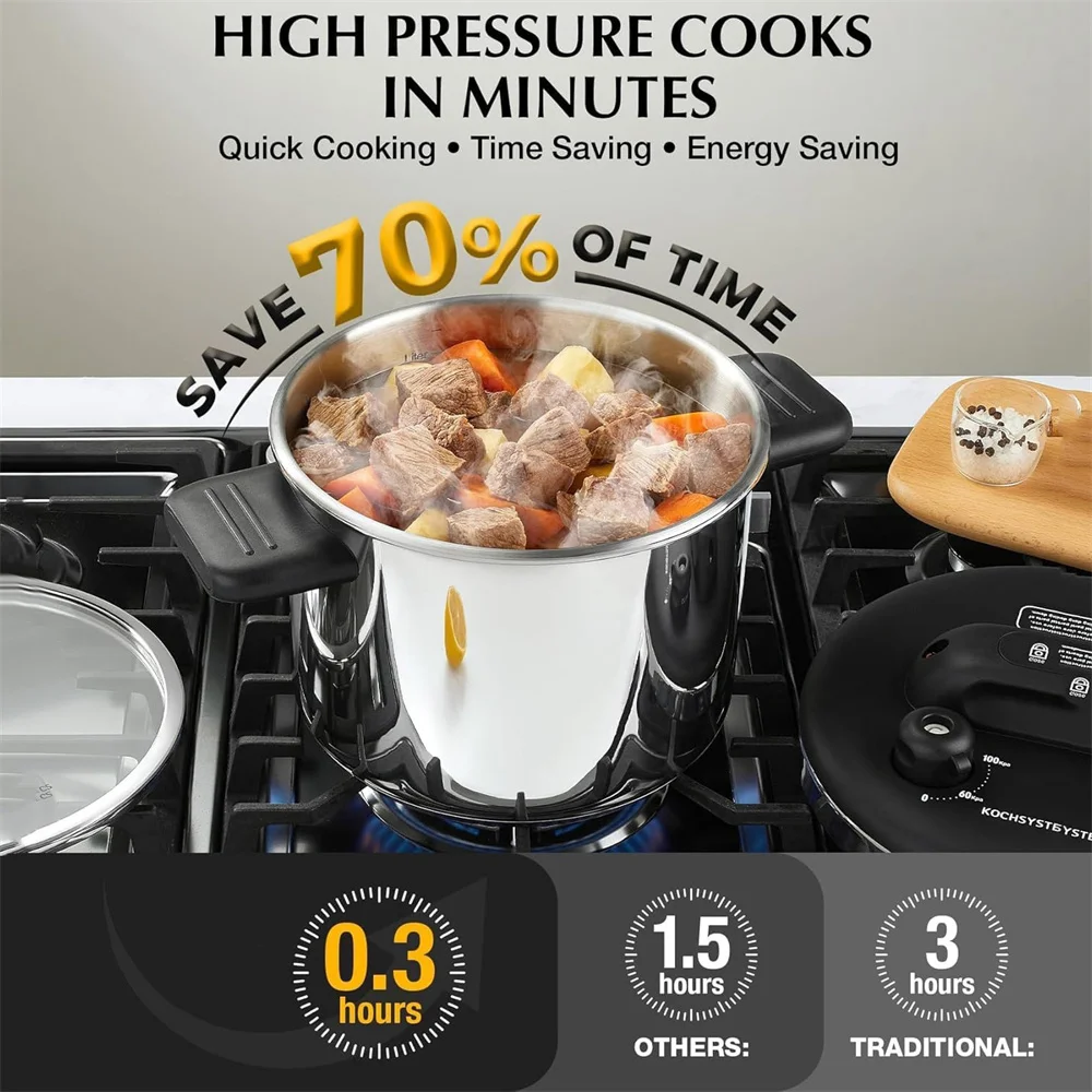 KOCH SYSTEME CS 6L Stainless Steel Pressure Cooker Olla de Presion Easy One-Press Lock 18/10 Stainless Steel Pressure Cooker with Glass Lid & Steamer Induction Ready