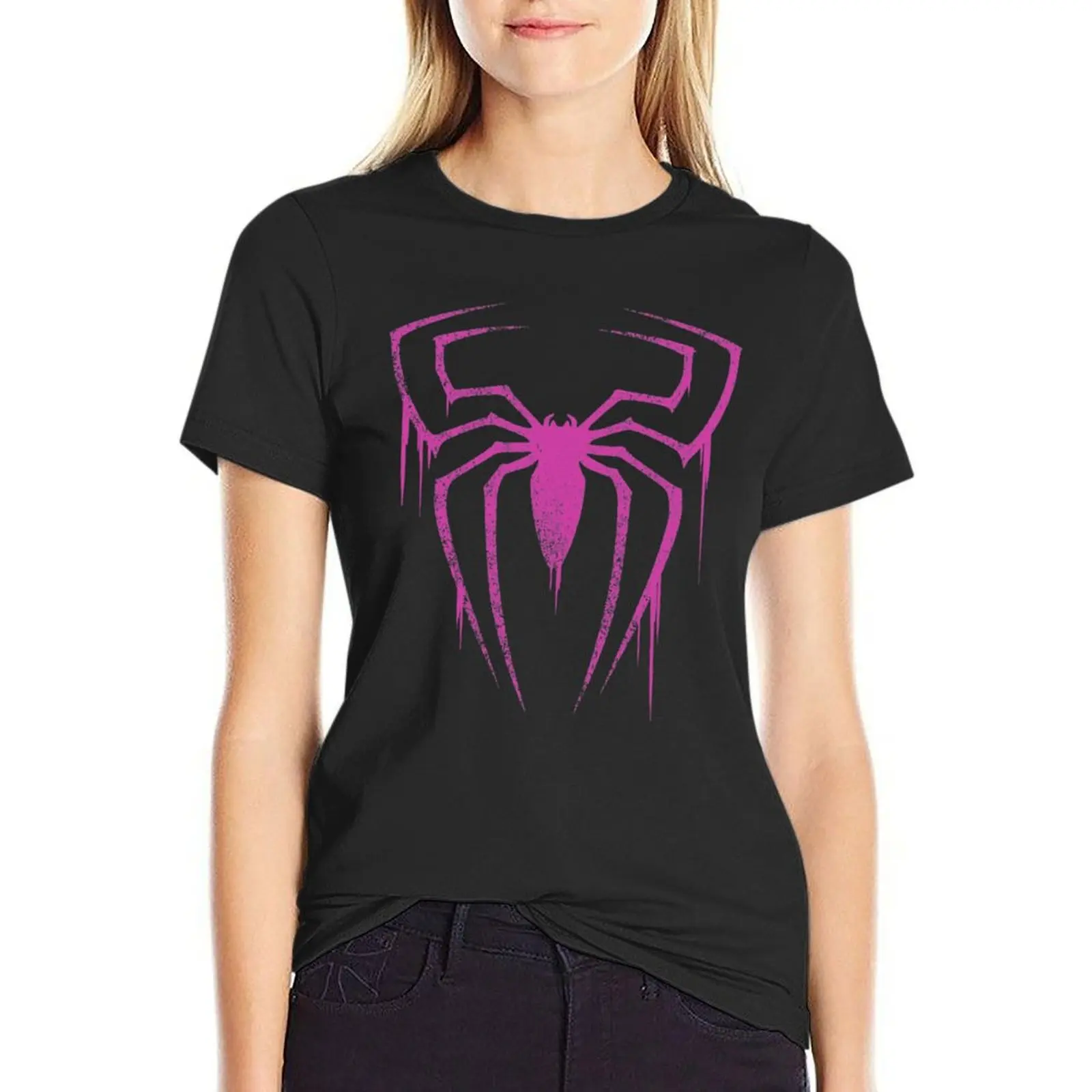 Camiseta con símbolo de araña para mujer, tops de verano, ropa para mujer, versión rosa