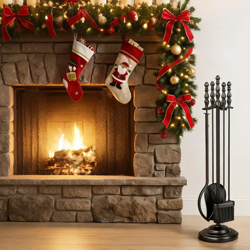 5-Pieces Fireplace Tool Set with Poker Tongs Brush Shovel and Round Stand