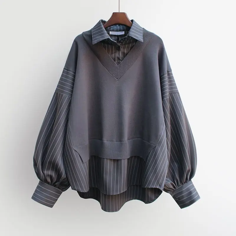 Korean Style Autumn and Winter New Patchwork Fabric Striped Shirt Knitted Sweater Fashionable Women Loose Top Pullover