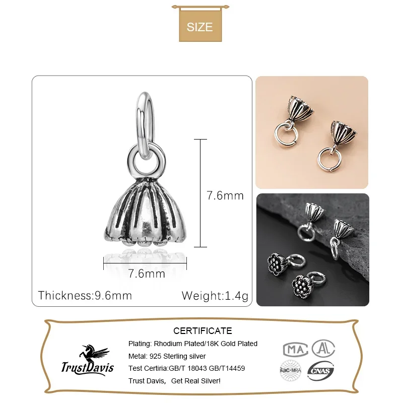 TrustDavis New Real 925 Sterling Thai Silver Fashion Sweet Lotus Charm Pendant Handmade DIY Accessories Jewelry Wholesale DZ425