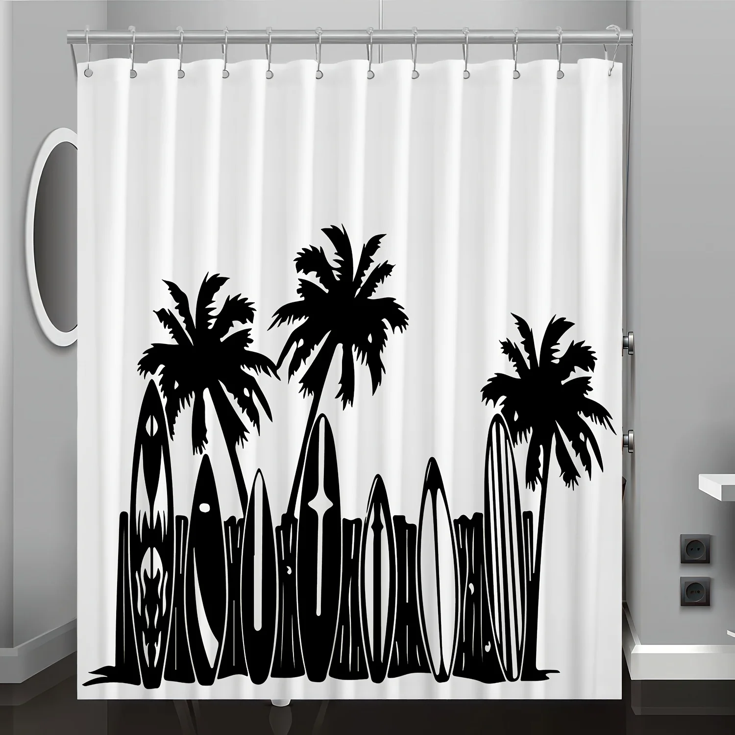 

1 шт., занавеска для душа с мультяшным узором для доски для серфинга, украшение для ванной комнаты, домашний декор, с крючками, можно стирать в машине, четыре