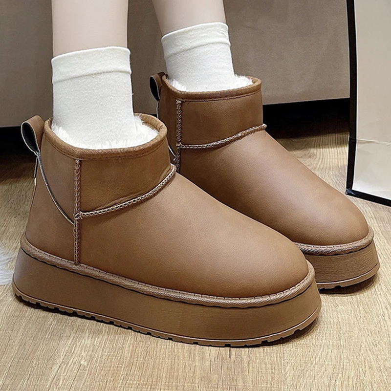 Waterproof Plush Lined Solid Women\'s Boots 2024 Winter Warm Slip On Snow Boots Thick Platform Casual Fluffy Botas