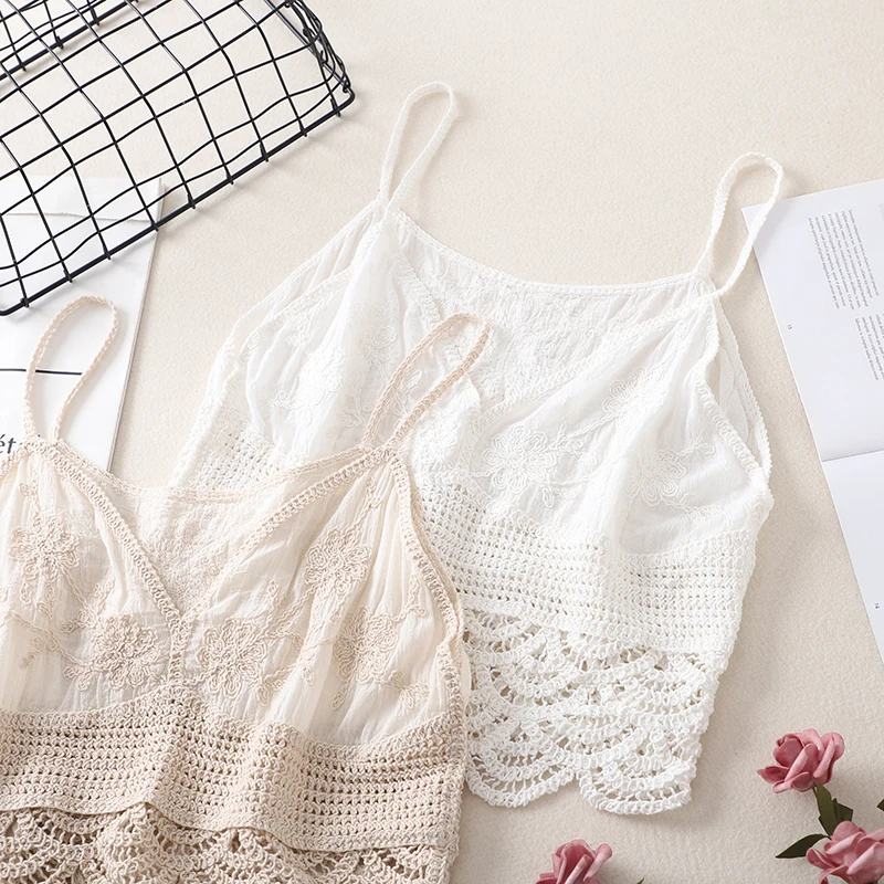 Uniwersalna kamizelka damska z bawełny i lnu, dzianinowa, retro, ażurowa, z koronkowym haftem, letni top na ramiączkach.