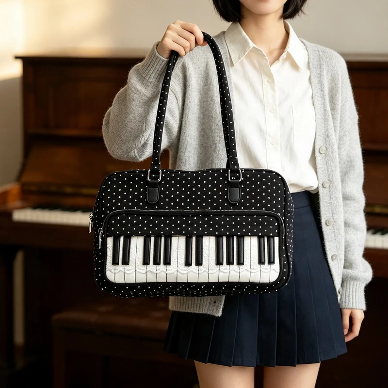 Creative Polka Dot Piano Key Nylon Shoulder Bag Korean Niche Large Capacity Commuter Tote Bag Fashion Versatile Women Handbag