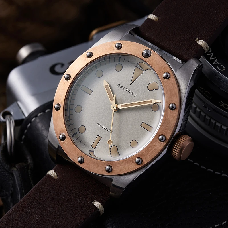 Baltany Men Automatic Watch 40mm Pilot Mechaical Wristwatch Bronze Bezel Sapphire Mirror 20Bar Waterproof C3 Luminous NH38