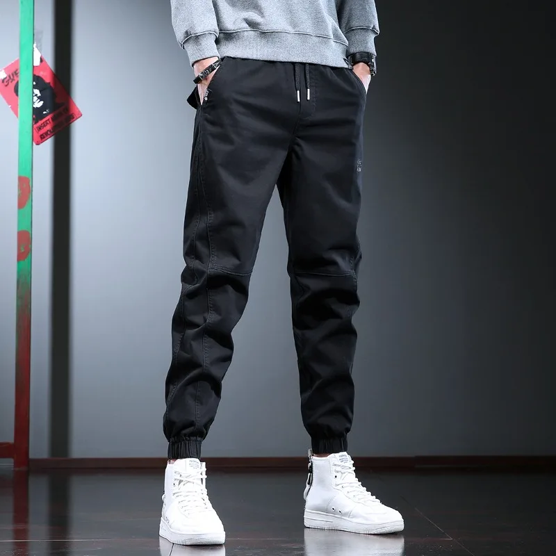 2022 Fashion Elastic Waist Casual Pants Men Streetwear Hip Hop Cotton Black Drawstring Joggers Trousers