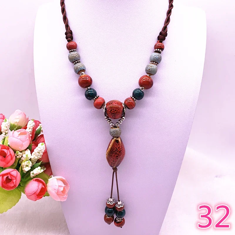 Fashion Ethnic Jewelry Traditional Handmade Ornaments Weave Wax Rope Ceramics Necklace Ceramics Beads Pendant Long Necklace #A