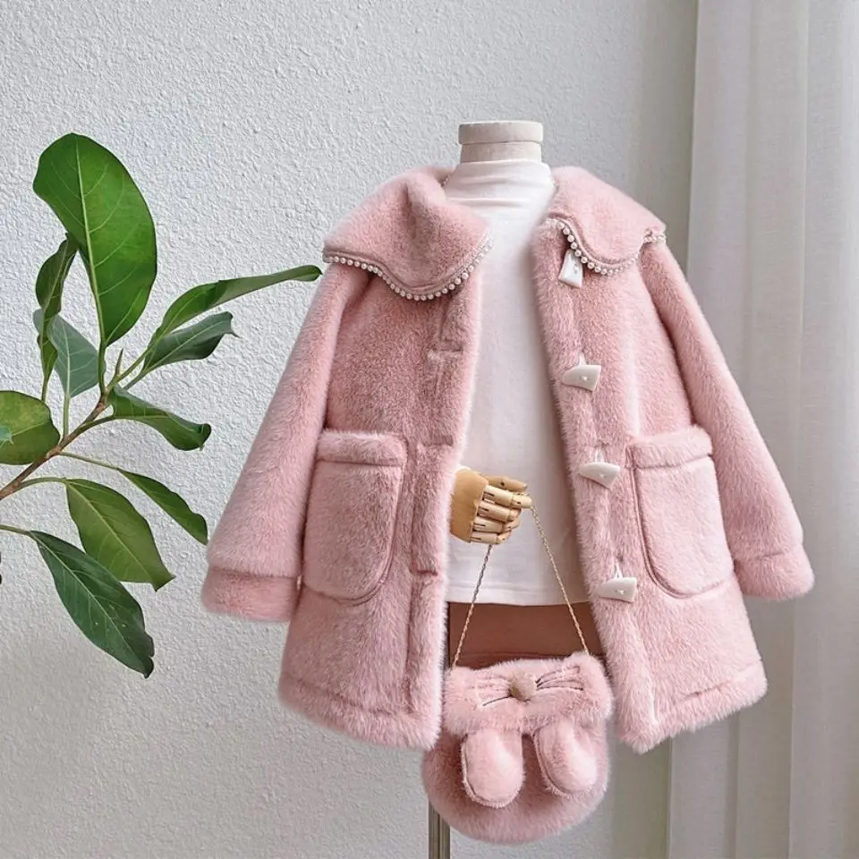2025 Pink Warm Plus Thicken Winter Christmas Coat Girls Kids Coat Jacket Overcoat Cotton  Children's Clothing