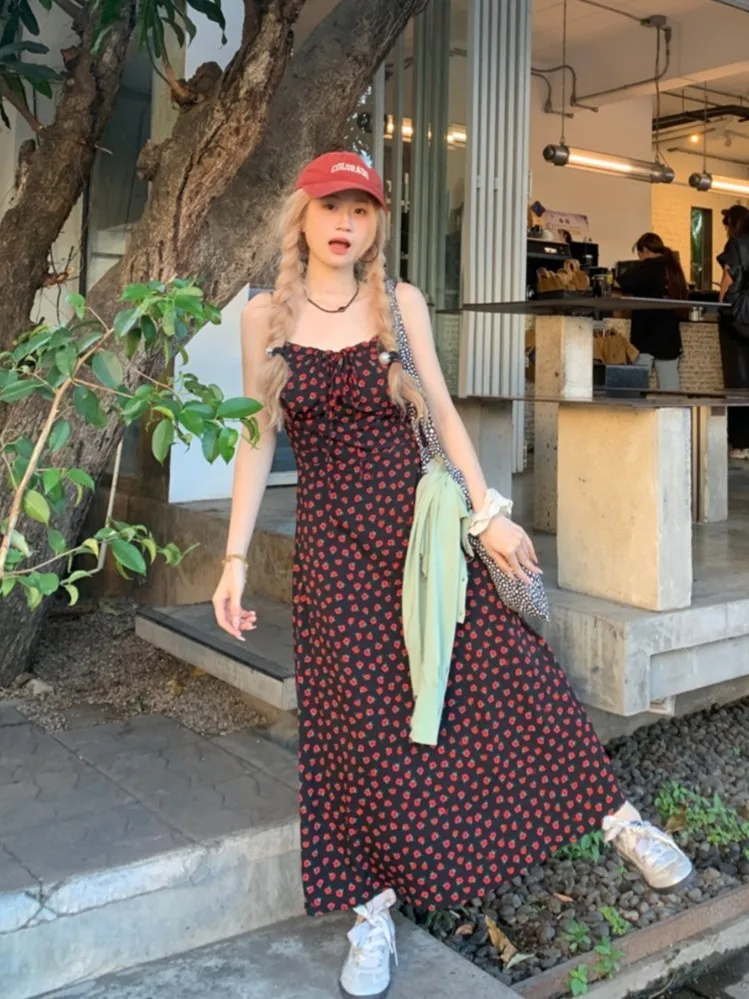 

plus Size Women's Vintage Floral Print Drawstring Halter Dress Summer New Waist Cinching Holiday Style Long Skirt Dress