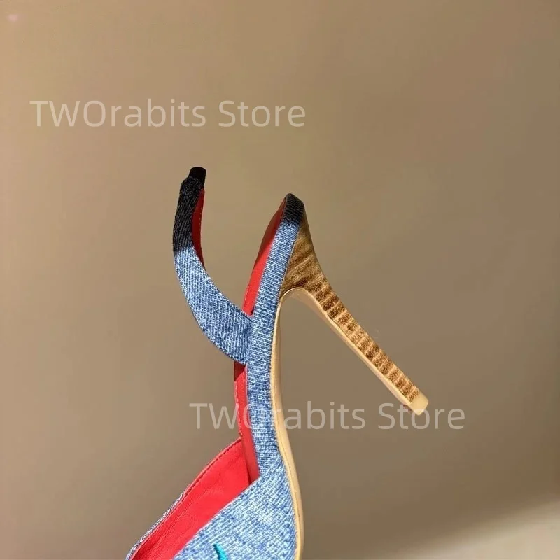 صنادل الزهور المطرزة يدويا العرقية خمر فستان حلو المرأة الدنيم حفلة عطلة نسيج خشبي حزام الظهر عالية الكعب جديد #5