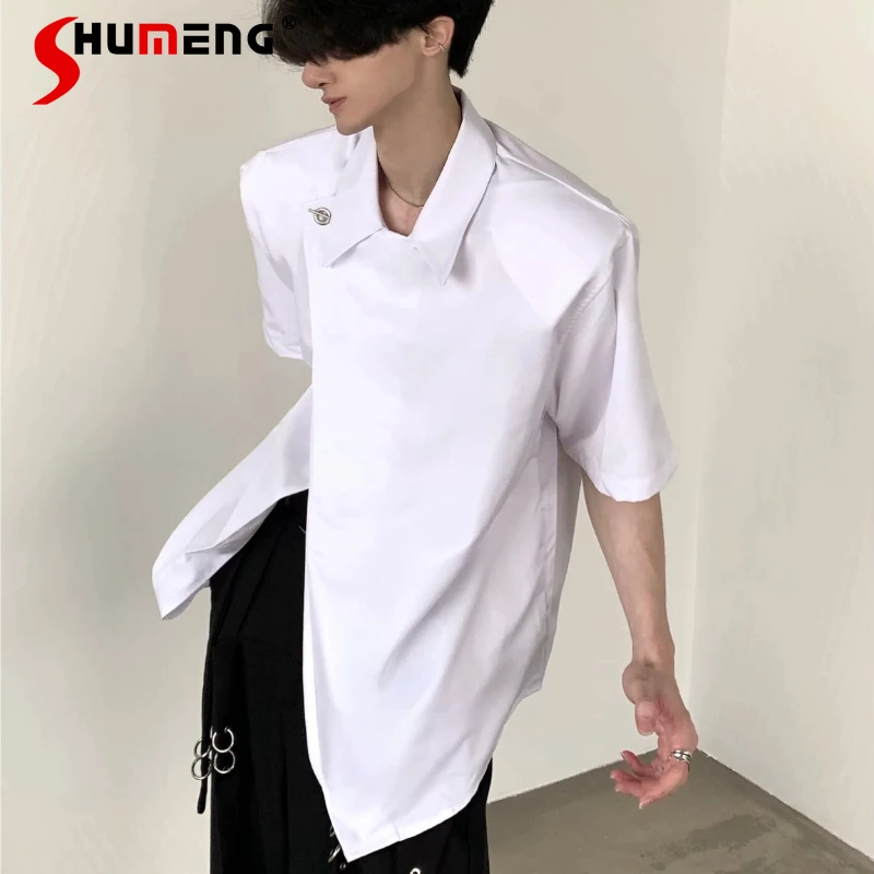 

Fashion High-end Shirts Men's 2026 Summer New Shoulder Padded Short-sleeve Shirts Male Simple Handsome Solid Color Chic Tops