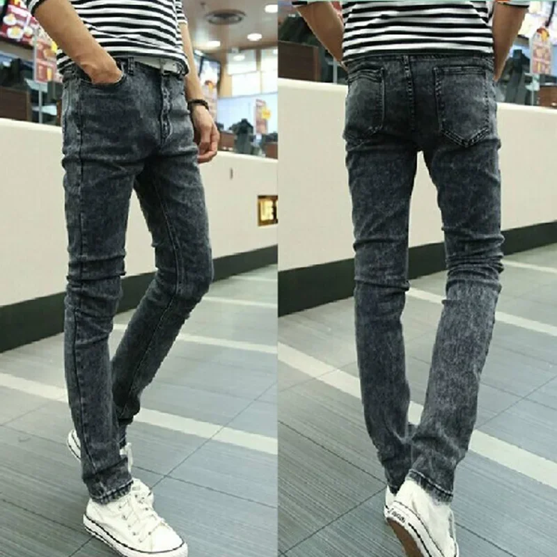 Men's Slim Small Foot Stretch Baggy Jeans Straight Korean Fashion Black Stain Resistant Denim Pants Streetwear Cargo Pants Men