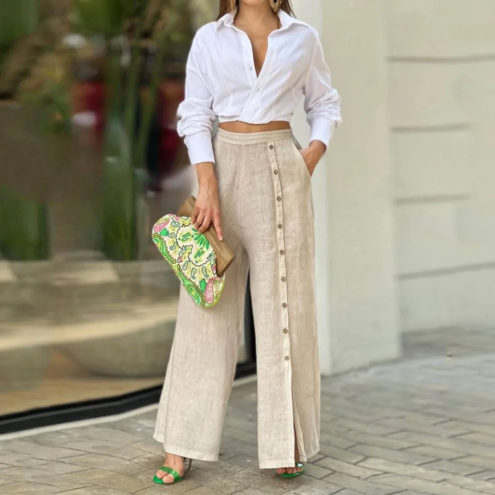 Women Summer 2pcs set Spring casual solid color crop top and buttons split long pants two piece set Female fashion blouse suit