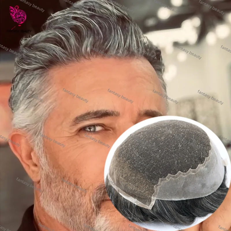 باروكات رجالية مريحة طبيعية Q6 خط شعر غير مرئي قابل للتنفس دانتيل سويسري رمادي أسود 1B20 1B40 1B65 & PU شعر بشري مستعار للرجال