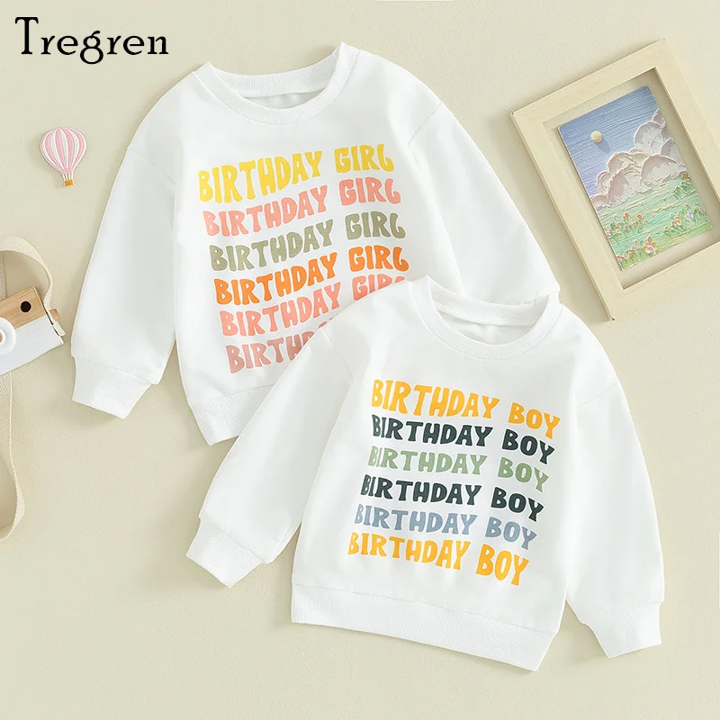 Tregren Toddler Baby Boys Girls Birthday Sweatshirts Letter Print Long Sleeve Round Neck Pullover Tops Autumn Winter Clothes