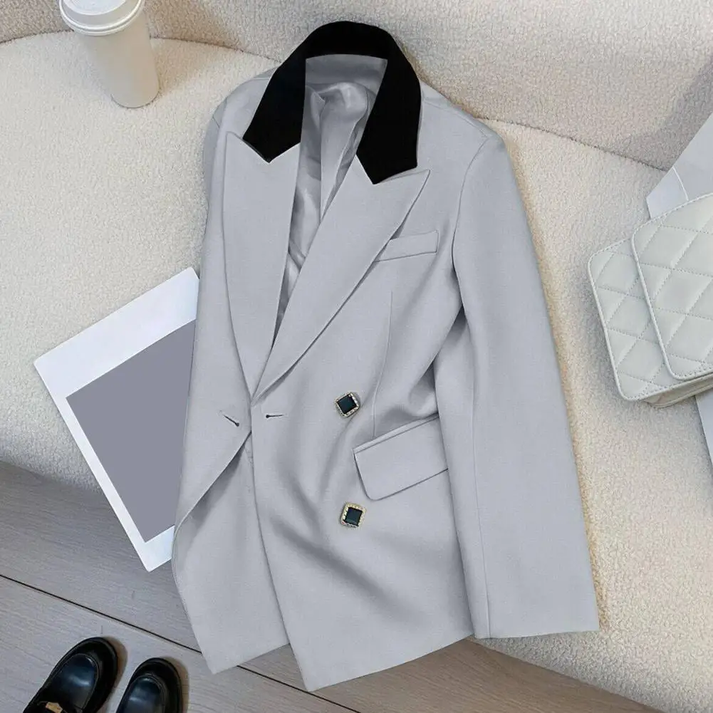 Black Collar Suit Jacket Elegant Women's Double Breasted Suit Coat with Lapel Flap Pockets Stylish Business Outwear for A