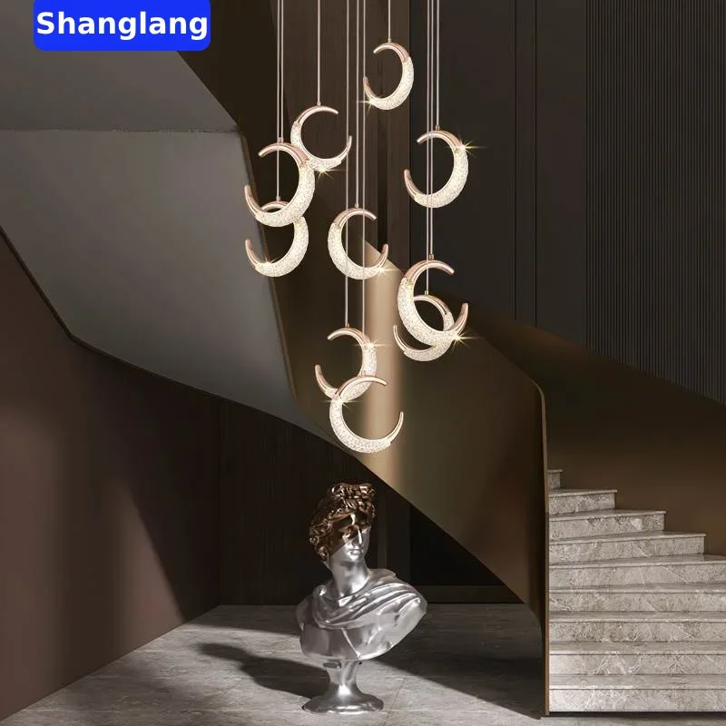 Morden LED Stair Long Chandelier Living Room Duplex Floor Restaurant Stainless Steel Golden Crystal Hanging Lamp Home Lighting