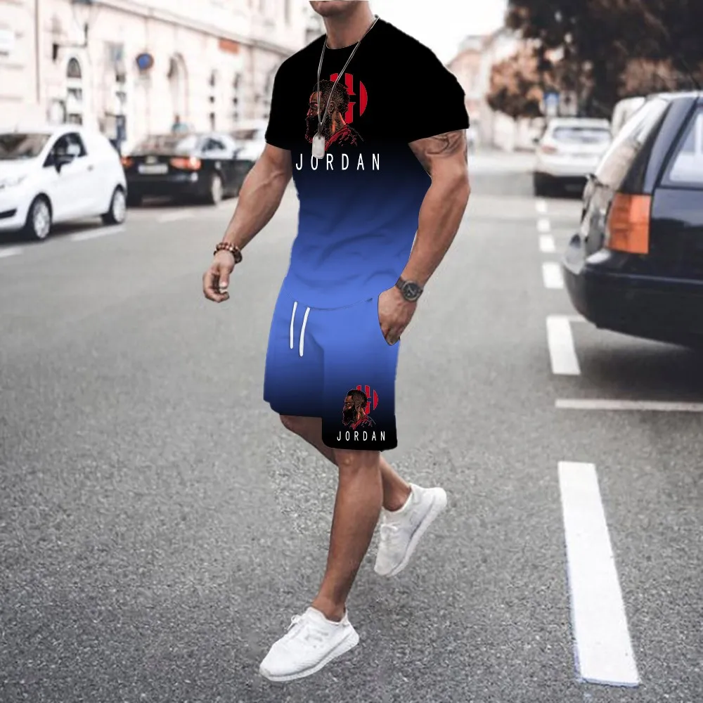 2024 Hot Selling New Men\'s Two-piece Set 3D Gradient Short Sleeve Shorts Suit Jogging Casual Fashion Printed Men\'s Clothing