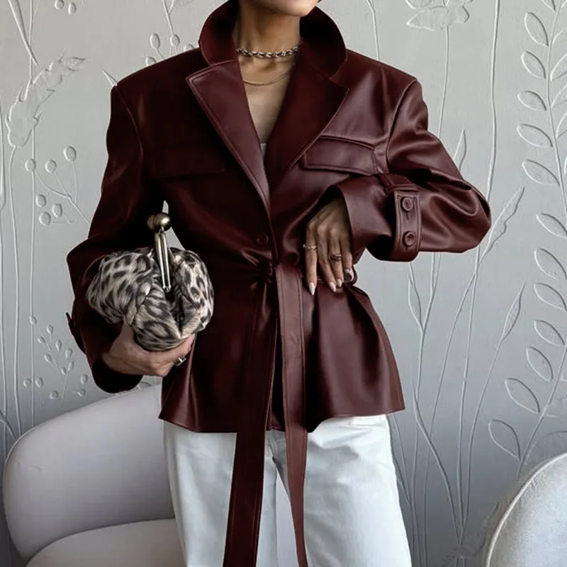 

Retro PU Leather Lapel Short Jacket Women Autumn 2025 Shoulder Waist-cinching Brown Jackets with Belt Female Street Outwear
