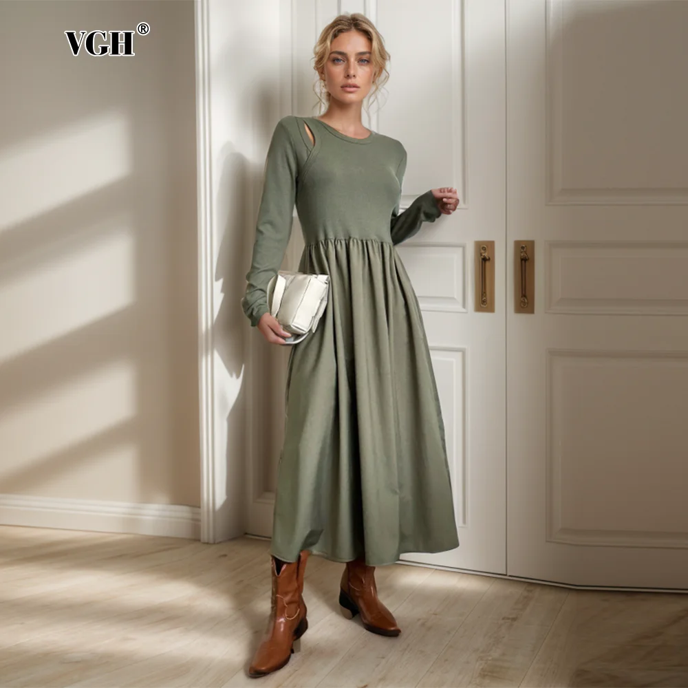 

VGH Minimalist Soild Dresses For Women Round Neck Long Sleeve High Waist Hollow Out Casual A Line Dress Female Fashion Clothing