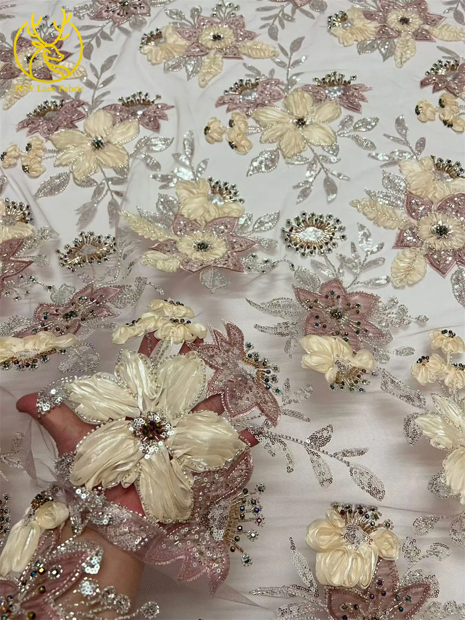 3D Hochwertiger bestickter Blumen-Spitzenstoff mit afrikanischen Pailletten, 2026 Französischer Perlen-Spitzenstoff für nigerianische Partykleider zum Nähen – Detail 20