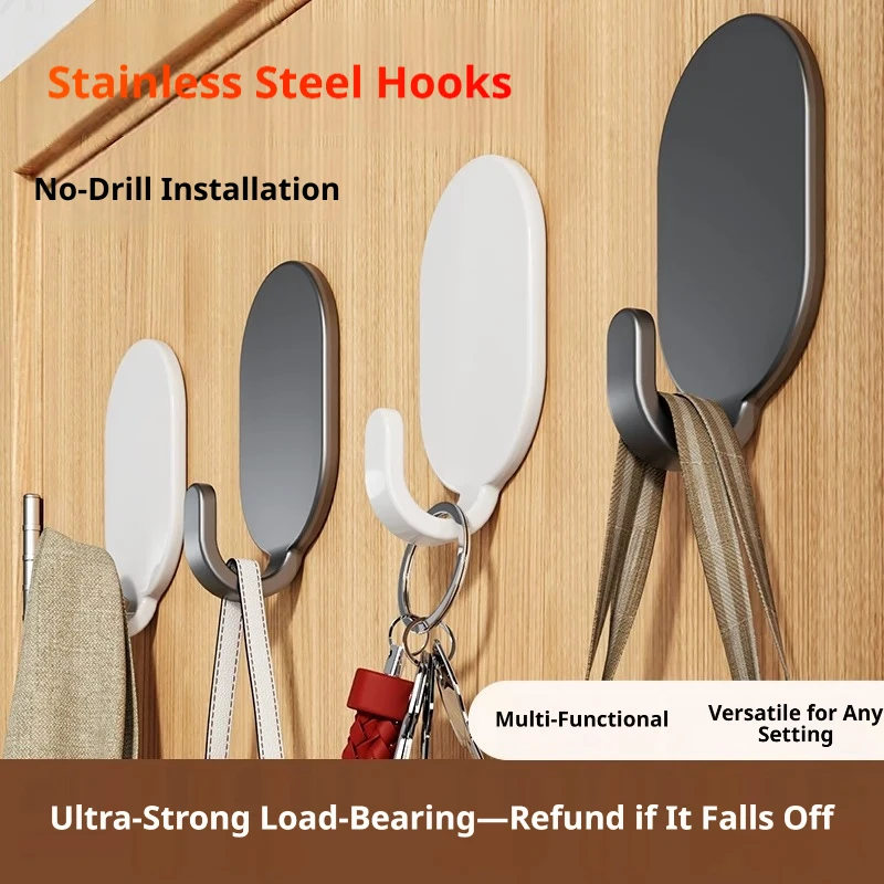 Drill-Free Strong Self-Adhesive Stainless Steel Hooks Trace-Free Heavy Load Wall Hangers For Kitchen Bathroom Household Storage