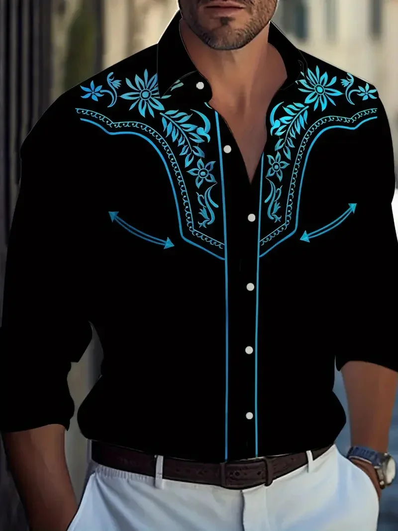 

New men's printed long sleeved shirt, single breasted floral shirt, casual and comfortable street collar shirt