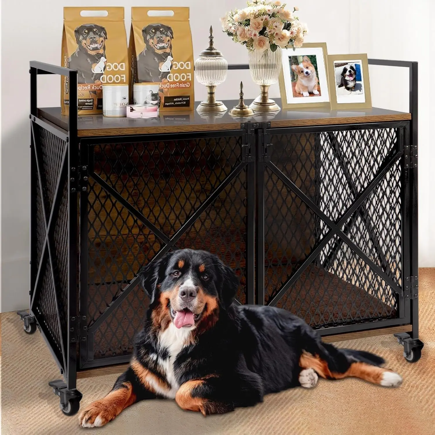 قفص كلب داخلي مقاس 41 بوصة على طراز الأثاث للكلاب الكبيرة والمتوسطة، قفص كلب داخلي خشبي عالي التحمل مع 4 عجلات قابلة للقفل