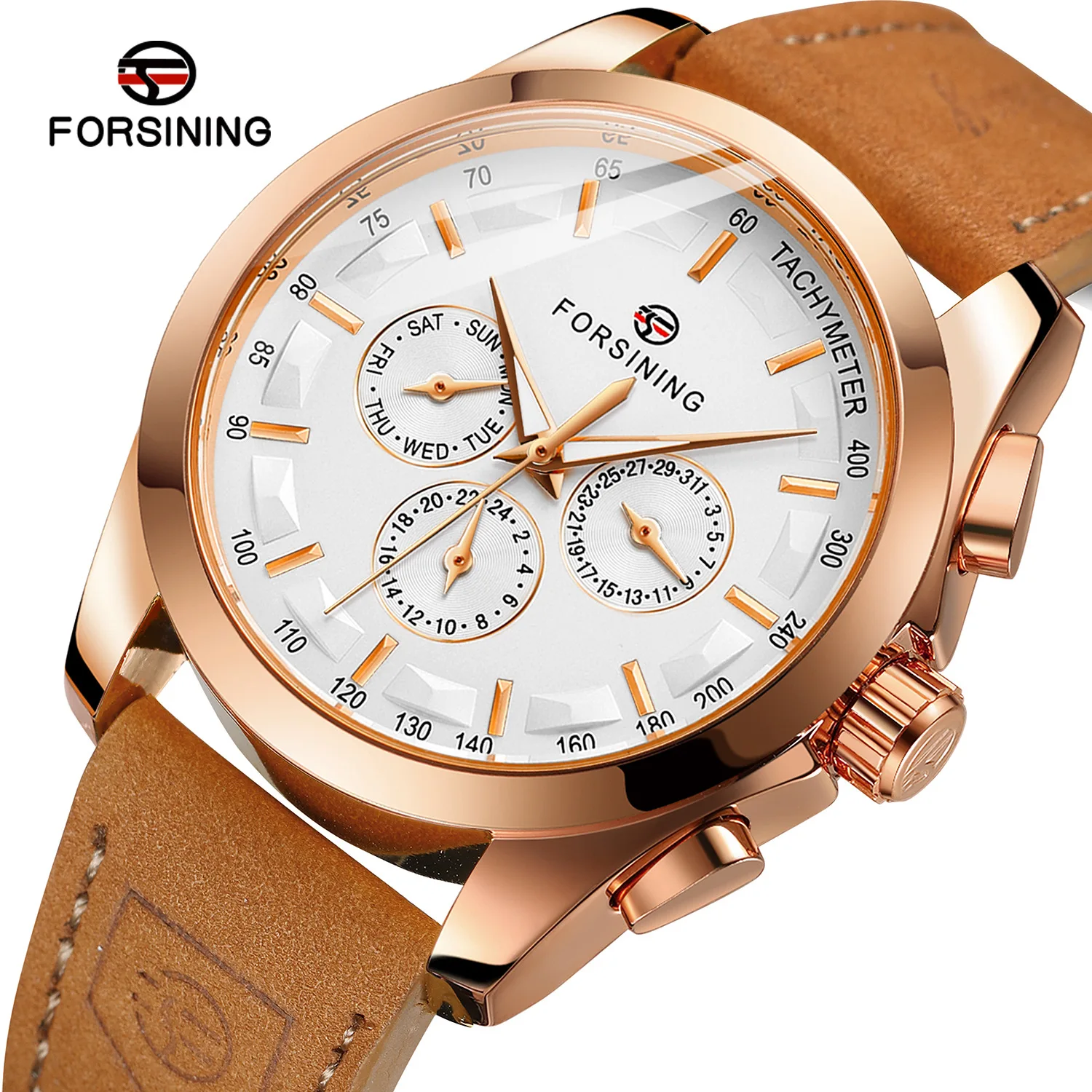 Fashion Forsining Top Brand Men's Leisure Machinery Multi Functional Automatic Mechanical Vintage Genuine Leather Wrist Watches