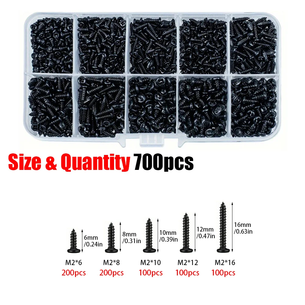 700 Pcs M2 Black High-Strength Self-Tapping Screws, Sizes: 6mm, 8mm, 10mm, 12mm, 16mm. Suitable for Wood and Soft Metal Material