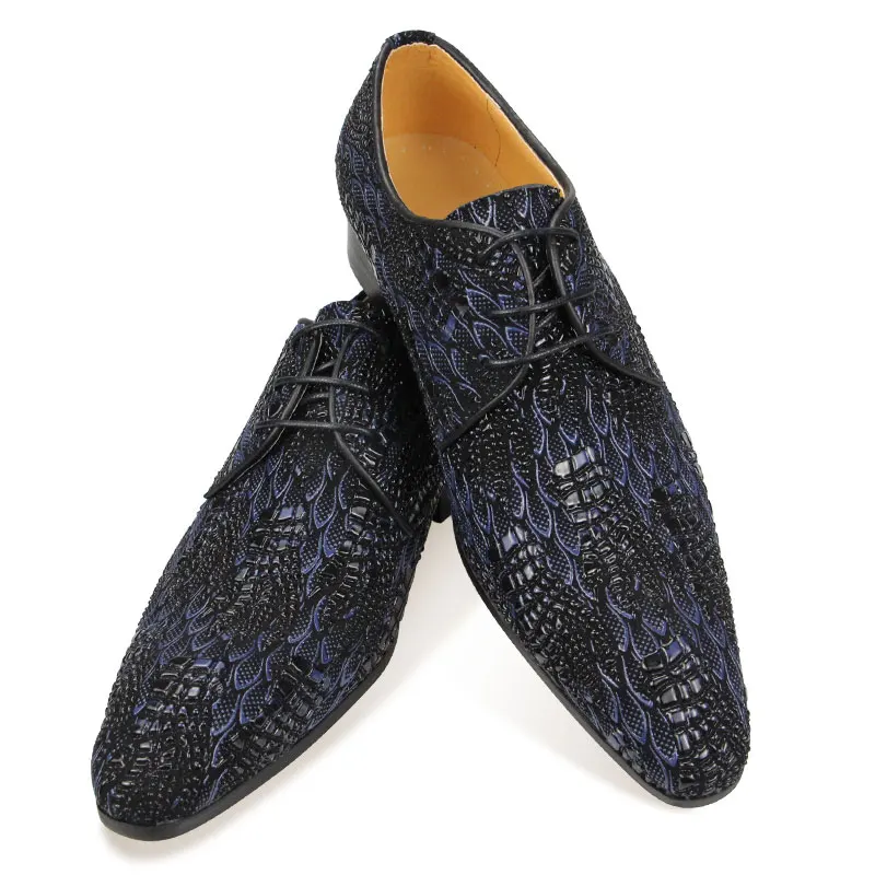 Pattern Floral lace up shoes Luxury Mens Party Blueblack Dress Pointed Fashion lace-up flat men\'s casual Handmade wingtip Derby