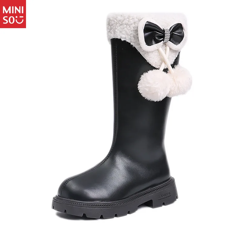 Miniso 2025 Botas longas de couro para meninas, sapatos de inverno de cano alto de pelúcia para crianças