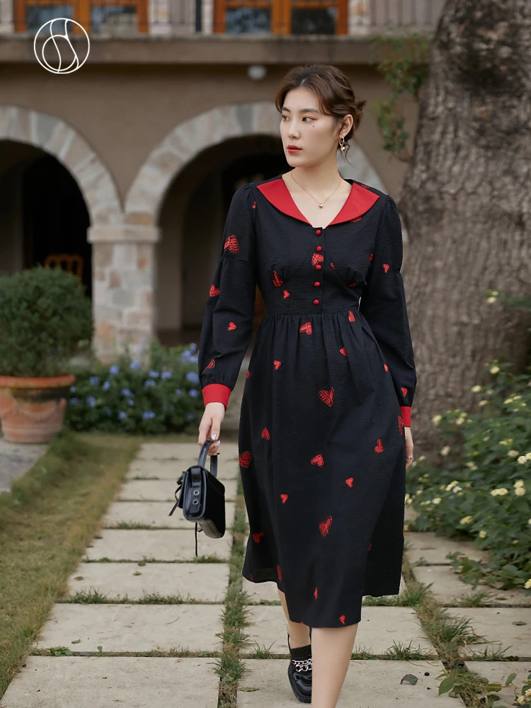 

DUSHU Slightly Fat Lady Turn-down Collar Full Regular Sleeve Dress High Waist Mid-Calf Dress Office Lady Heart Print Black SKirt