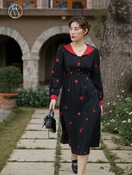 DUSHU Slightly Fat Lady Turn-down Collar Full Regular Sleeve Dress High Waist Mid-Calf Dress Office Lady Heart Print Black SKirt