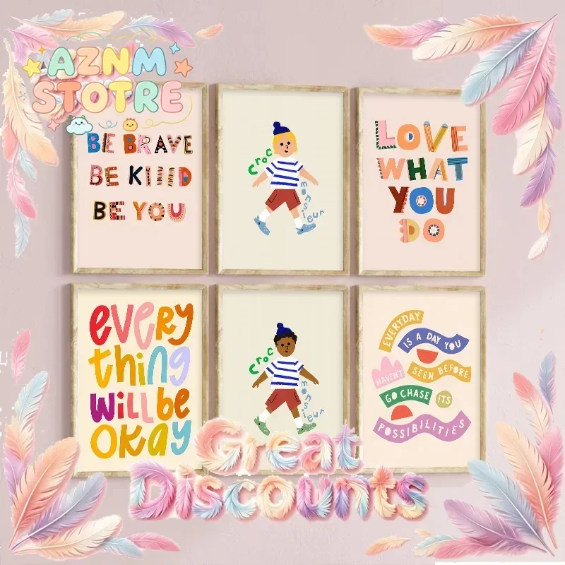 Cute Cartoon Colourful Characters Art Poster Motivational Quotes Alphabet Canvas Painting Kids Room Classroom Bedroom Wall Ar