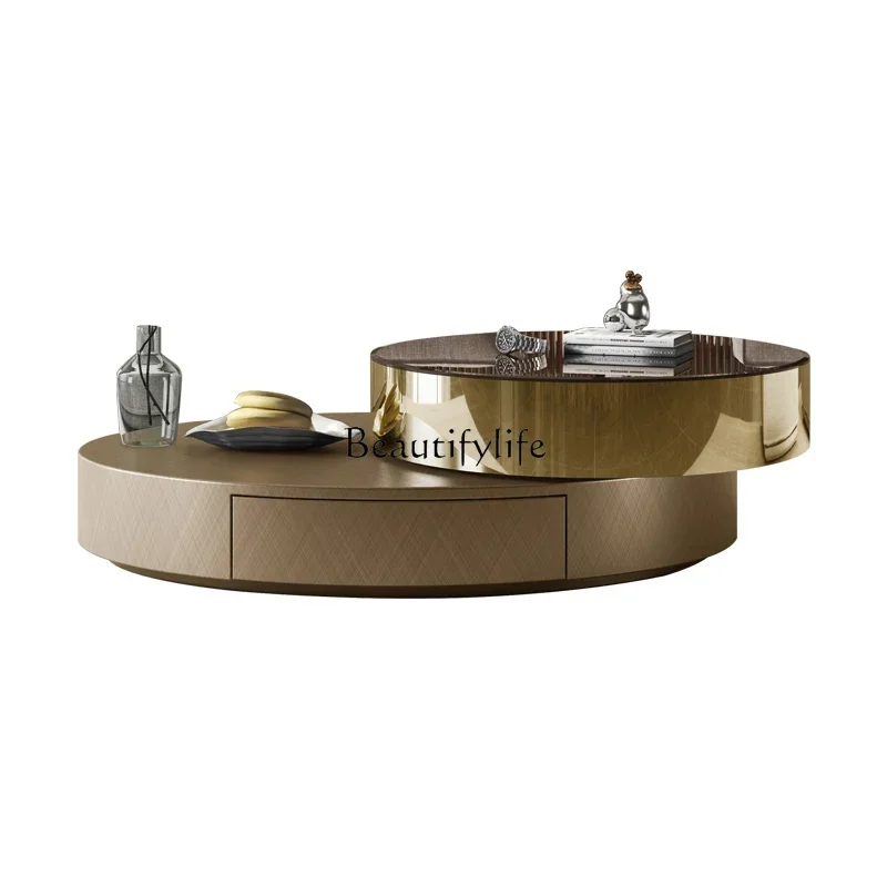 

D06Italian minimalist oval rotating coffee table light luxury creative glass coffee table combination