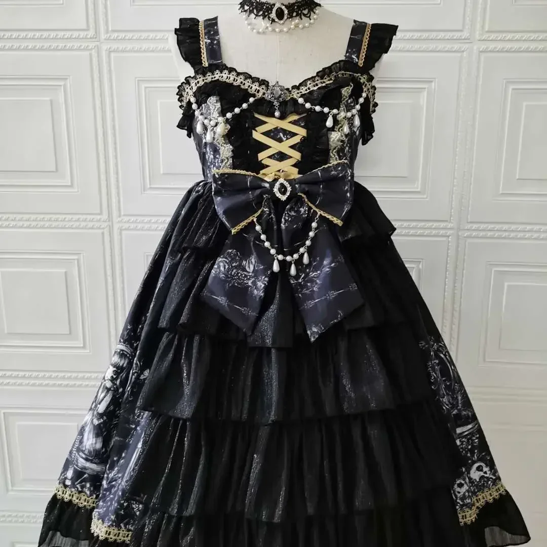 Vestido de princesa Lolita con tirantes negros góticos japoneses para mujer, Vintage, estampado gótico con cuentas, sin espalda, vestidos de hadas JSK