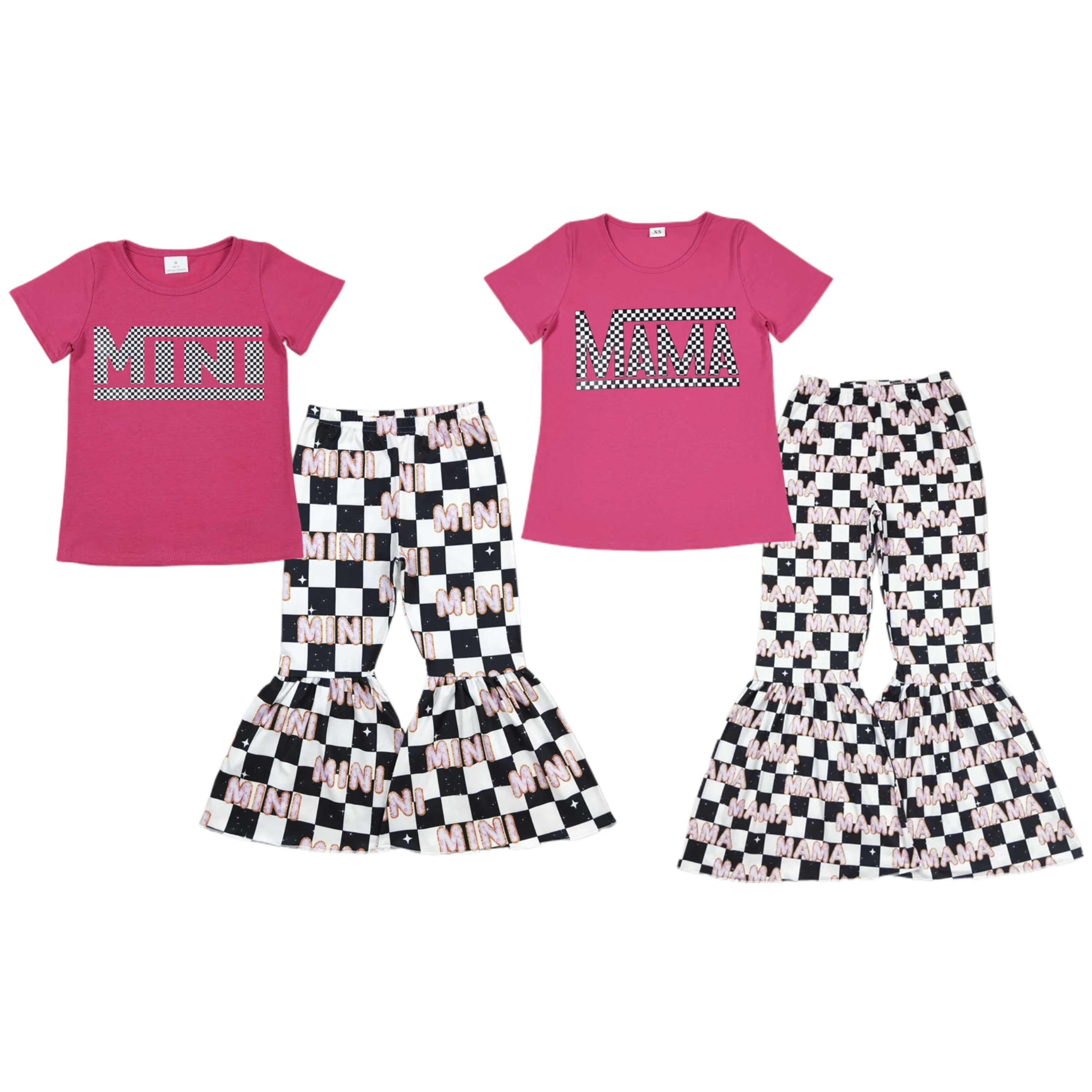 

Wholesale Baby Girl Adult Woman Clothes Mother Kids Short Sleeve Shirt Checked Bell Bottom Pants Outfit Toddler Mother's Day Set
