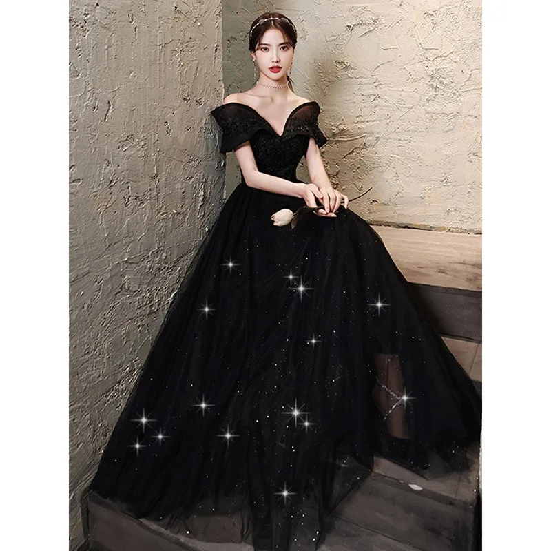 Black Small Skirt New Banquet Temperament Long off-Shoulder Female Host Catwalk Show Dress