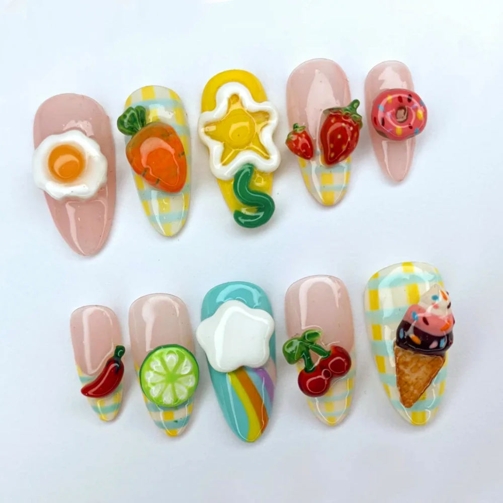 

10Pcs Manicure Handmade Art Press on Nails Medium Almond Pattern ABS Nails Cute 3D Fruits Style Design Nail with Set