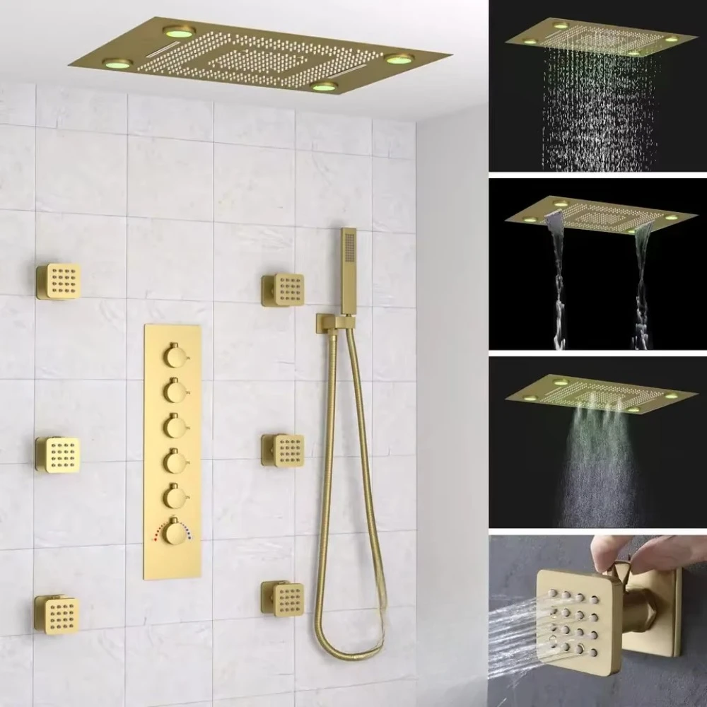 Large 23x31inches 7Colors LED Thermostatic Modern Brass Bathroom Shower System Set Brushed Gold Multi Function Jet Rain Massage