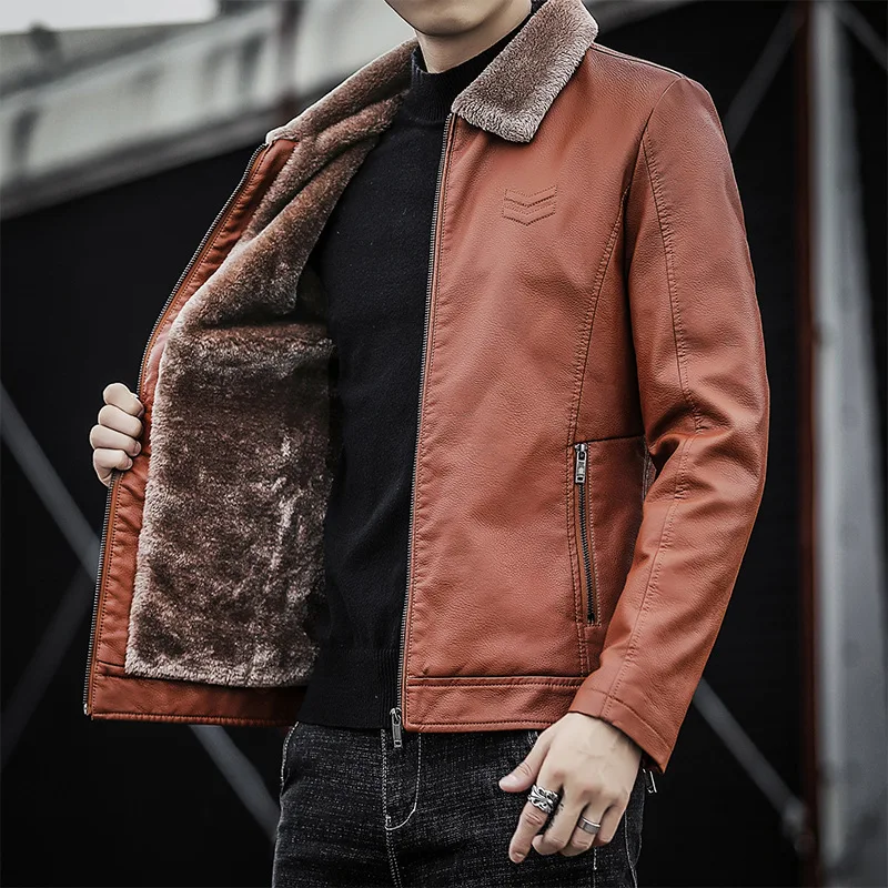 

Зимние новые модные мужские повседневные модные утепленные пальто с отложным воротником и длинными рукавами, однотонные пальто из искусственной кожи, мужские куртки, одежда