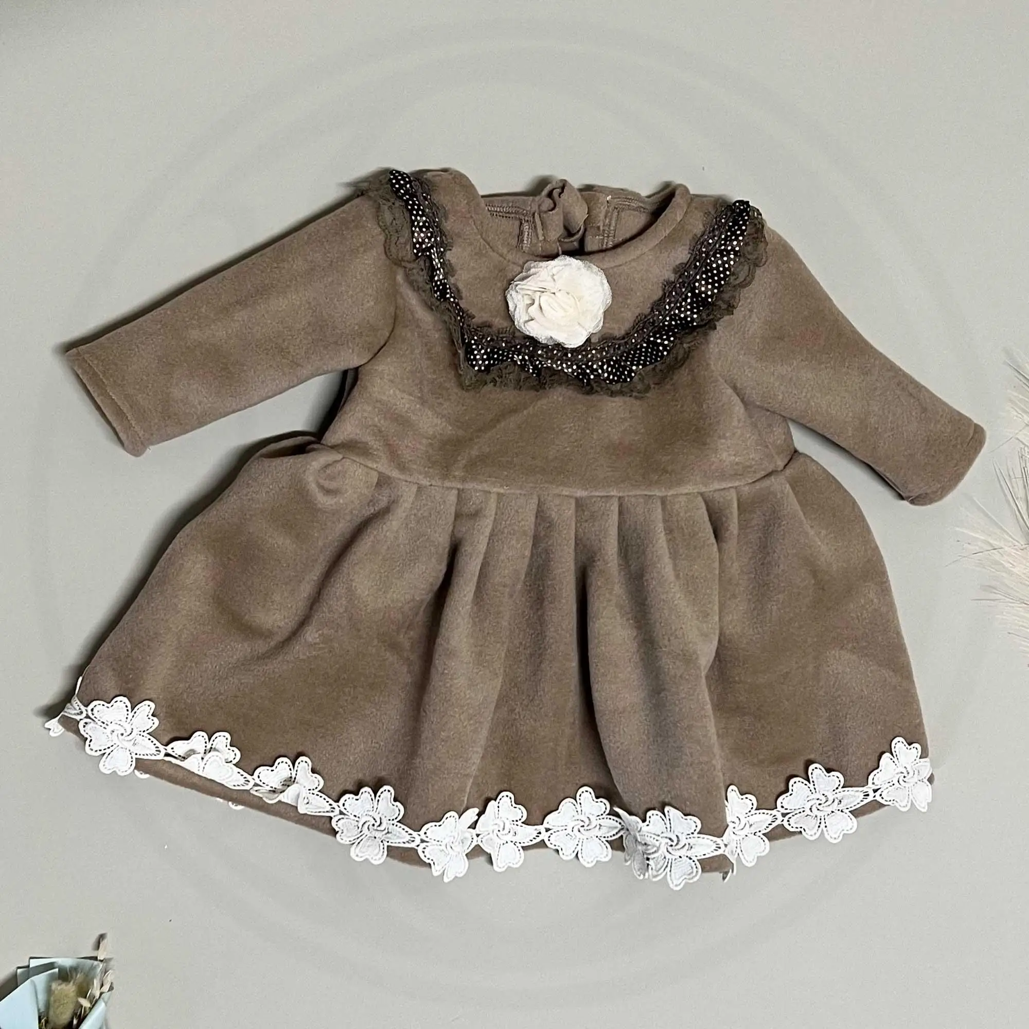 Don&Judy Wool Long-sleeve Dress With Lace Trim Baby Girl Dress For 3-4 Years Autumn Spring Clothing Photography Props