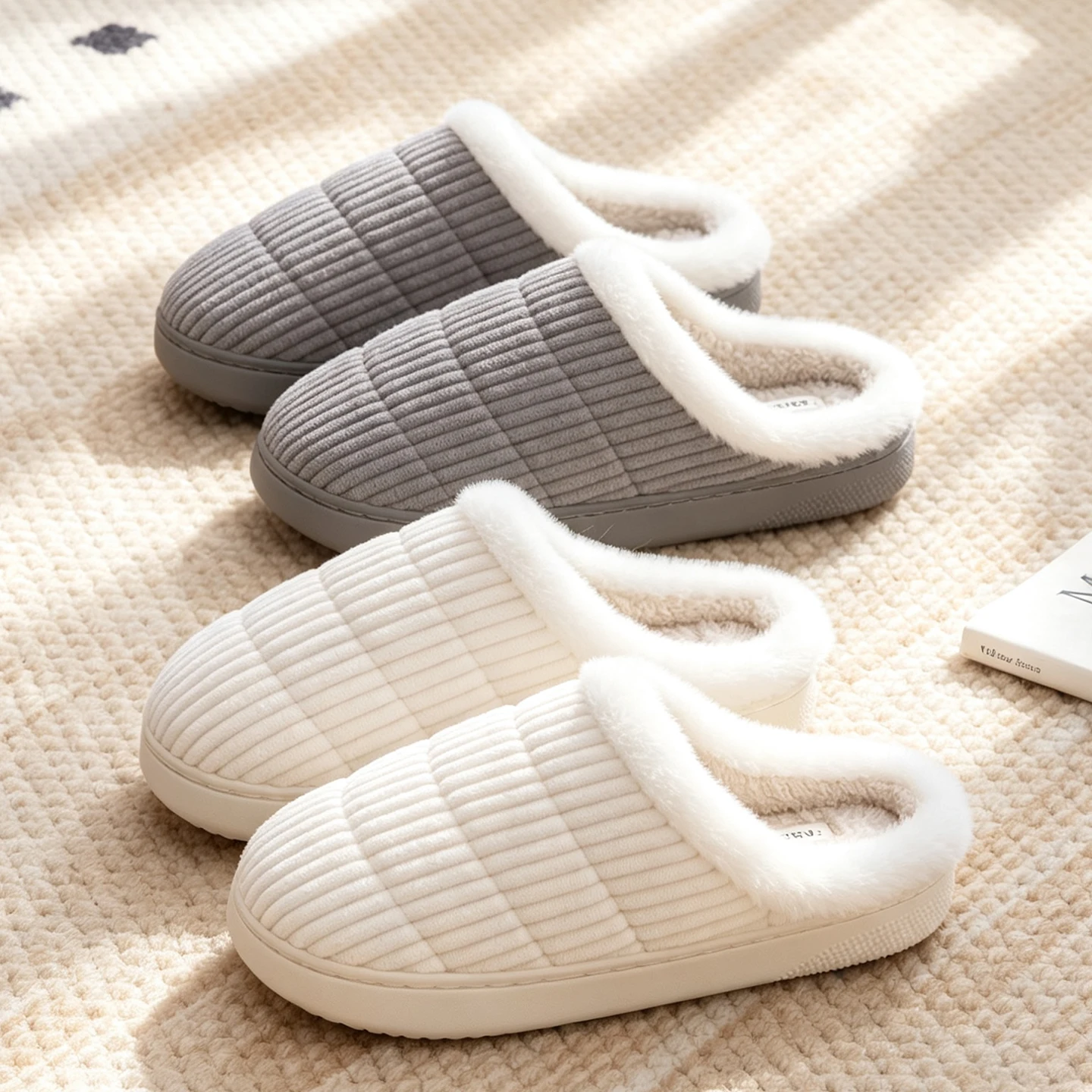 Women Winter Fluffy House Slippers Striped Corduroy Warm Plush Lining Non‑Slip Thick Sole Home Indoor Bedroom Slip‑on Slippers
