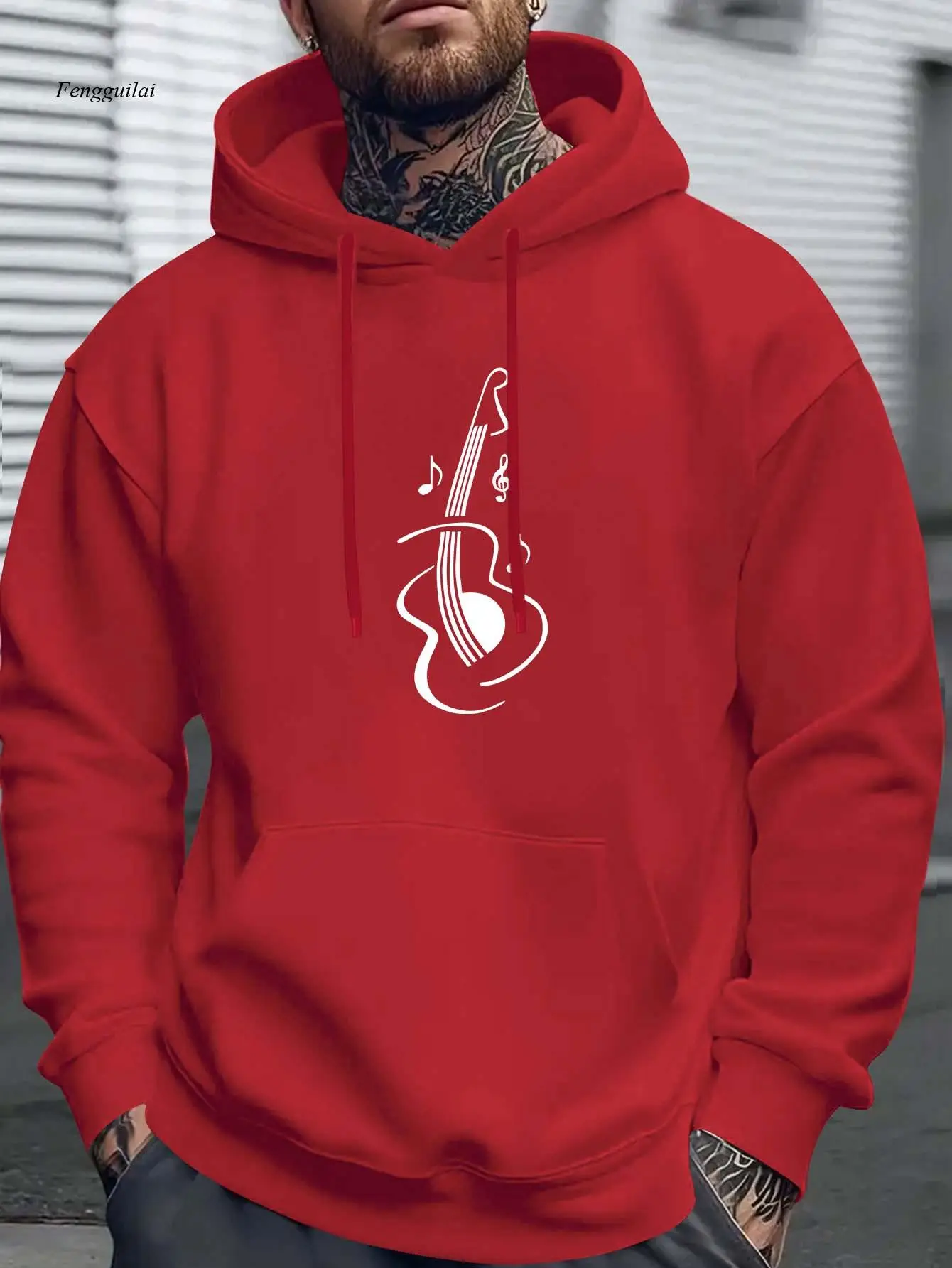 Geometric Music Note & Guitar Print Hooded Sweatshirt - Sporty Casual Long Sleeve Pullover for Winter