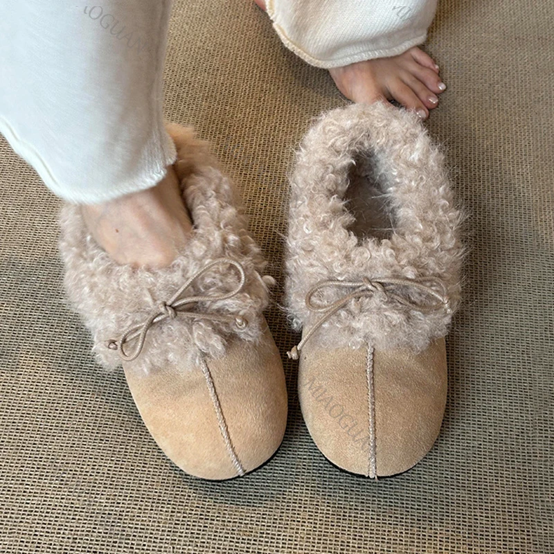 

New Retro Bow Warm Flats for Women Round Toe Faux Fur Slip-On Casual Cotton Shoes Autumn Winter Solid Female Padded Single Shoes