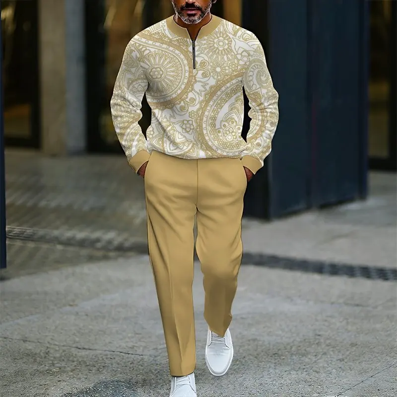 Herbst Winter Neuer Stil Herren Casual Sportanzug mit halbem Reißverschluss Stehkragen Kastanienblumenmuster für Freizeitaktivitäten