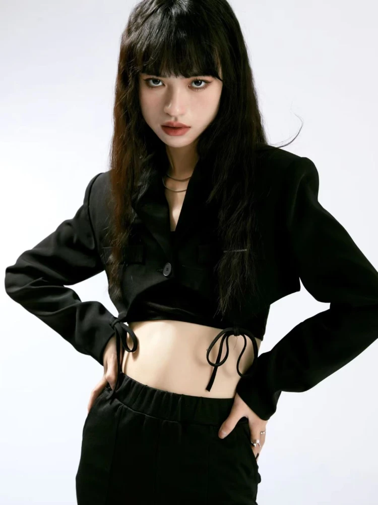 Bléiser corto negro para mujer, ropa de calle con muescas, estilo minimalista, para oficina, Y2k, Primavera