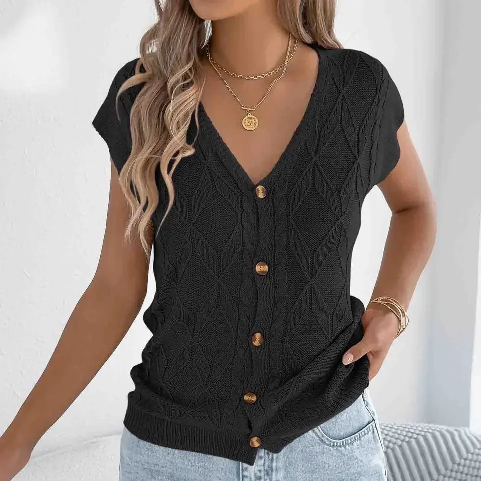 Solid Color V-Neck Knit Top for Women Button Front Regular Fit Medium Stretch Casual Top for Spring Summer Autumn Winter